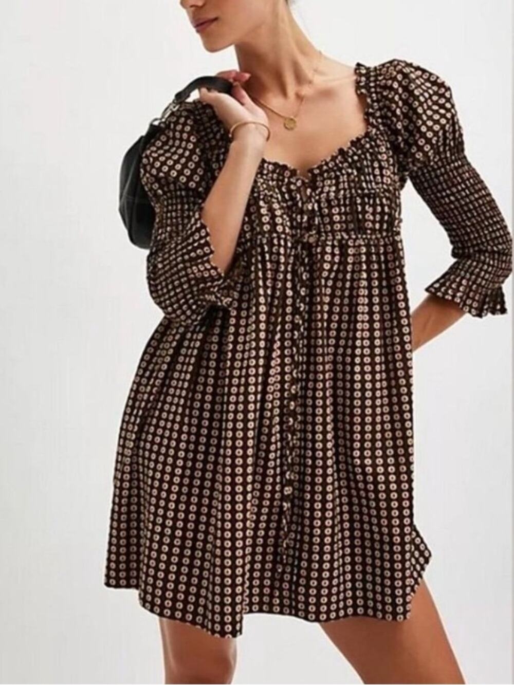 Free People Women’s Star Dip Mini Dress in Black Brown Combo Retro Babydoll Sz M